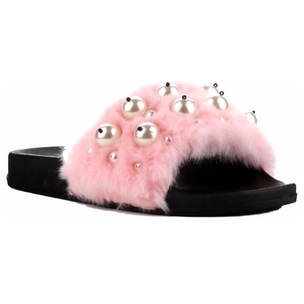 Cape Robbin Pink Women Flip Flop Faux Fur Pearl Slide Slip On Flat Sandal Shoe💗